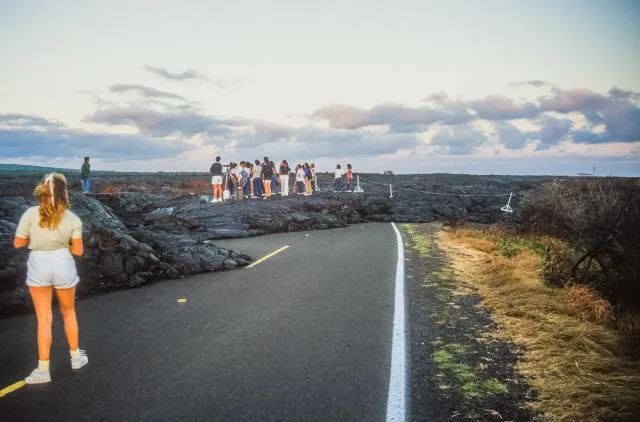 Lava flow over the coastal road