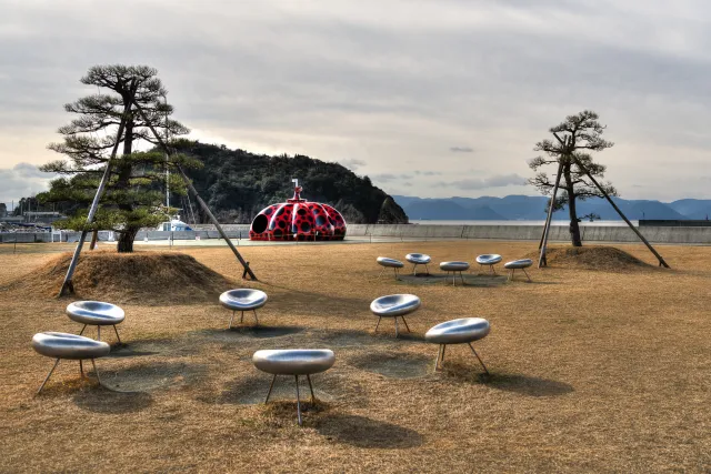 Yayoi Kusama red pumpkin at Miyanoura Ferry Terminal